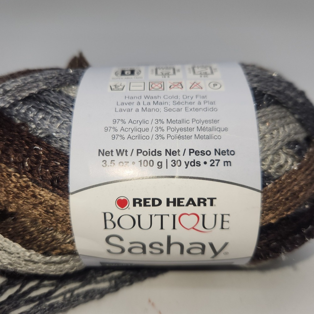 Red Heart Boutique Sashay Yarn Waltz Brown Grey Metallic Ruffle 3.5oz 30yd New - Picture 4 of 6